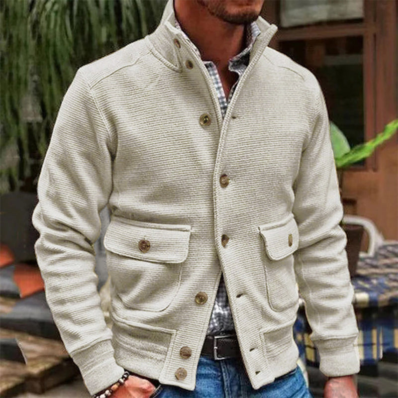 Veste d'hiver pour hommes avec col montant et poches à rabat – Couleur unie en polyester pour confort et style