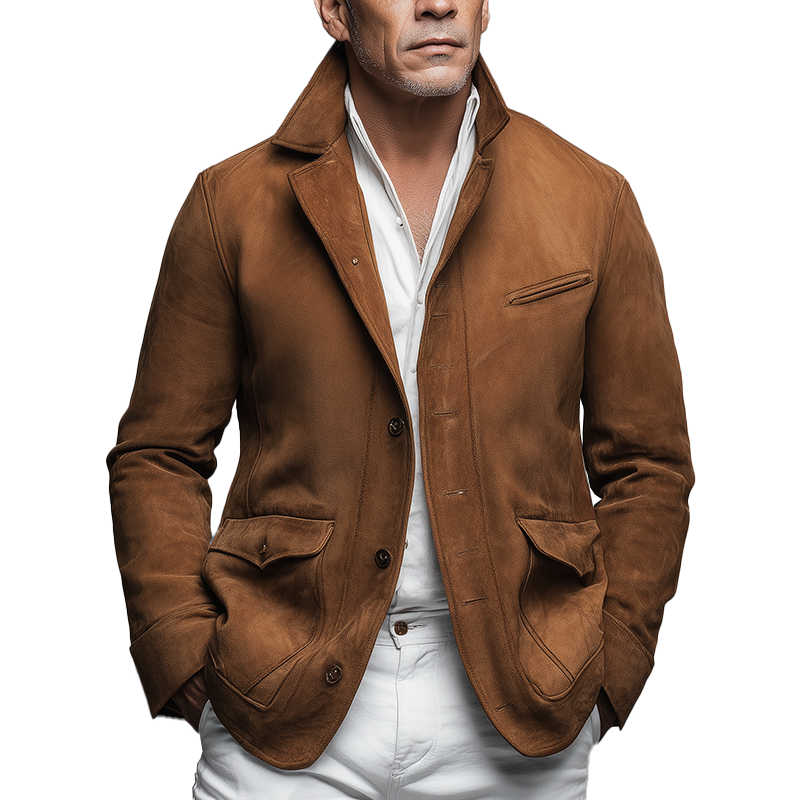 Veste Homme Effet Suède – Blazer Vintage Marron pour Occasion Décontractée et Professionnelle
