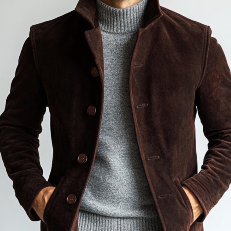Manteau en suède marron pour homme – Manteau mi-long à simple boutonnage, coupe slim pour l’hiver dans le style Old Money