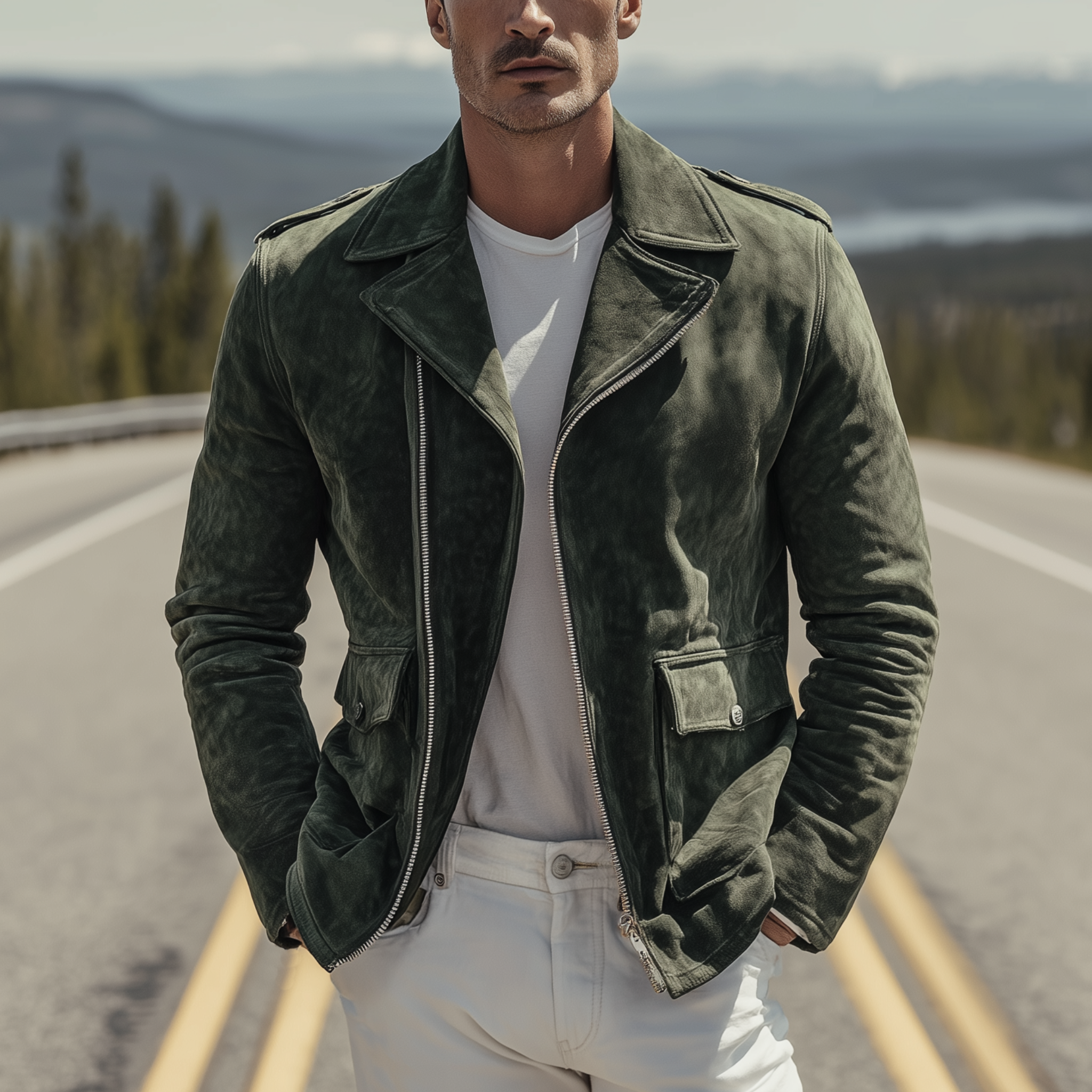 Veste Homme Classique en Suède – Veste Moto Vintage avec Revers et Fermeture Éclair