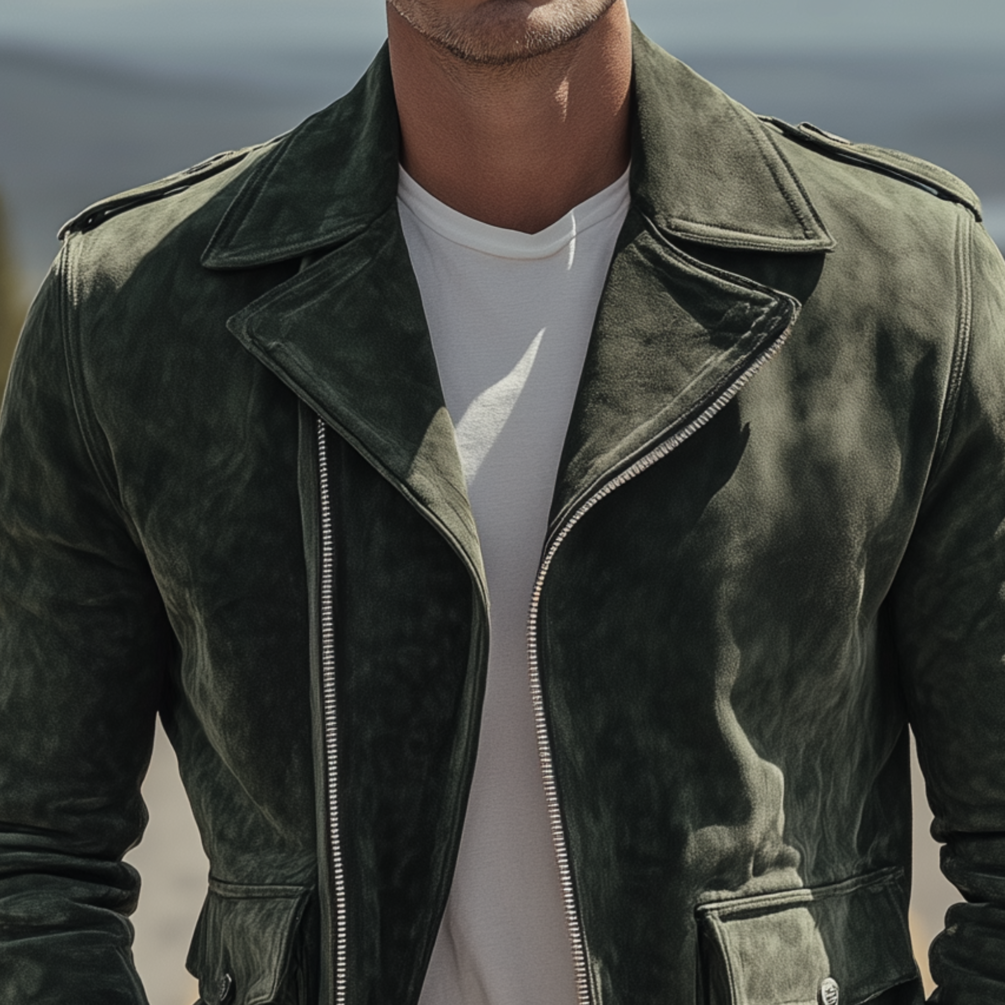 Veste Homme Classique en Suède – Veste Moto Vintage avec Revers et Fermeture Éclair