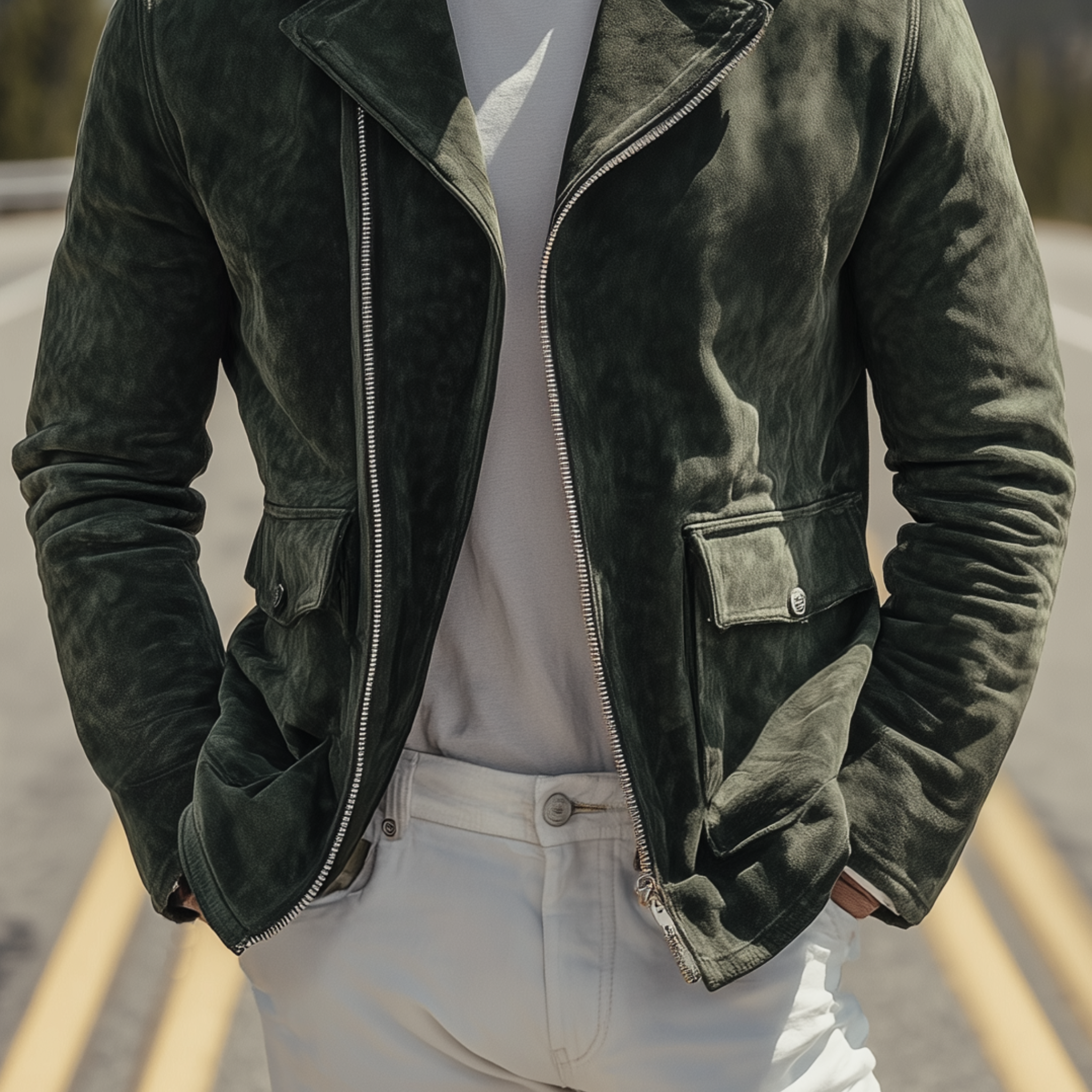Veste Homme Classique en Suède – Veste Moto Vintage avec Revers et Fermeture Éclair