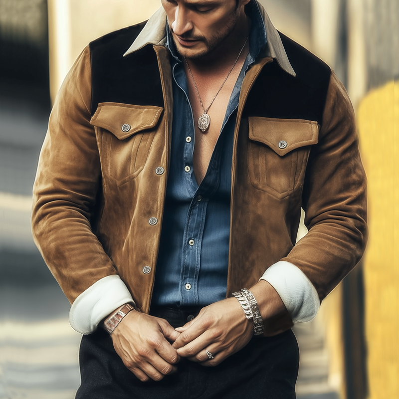 Veste Homme en Suède Marron – Veste Rétro à Blocs de Couleurs pour l'Automne et l'Hiver