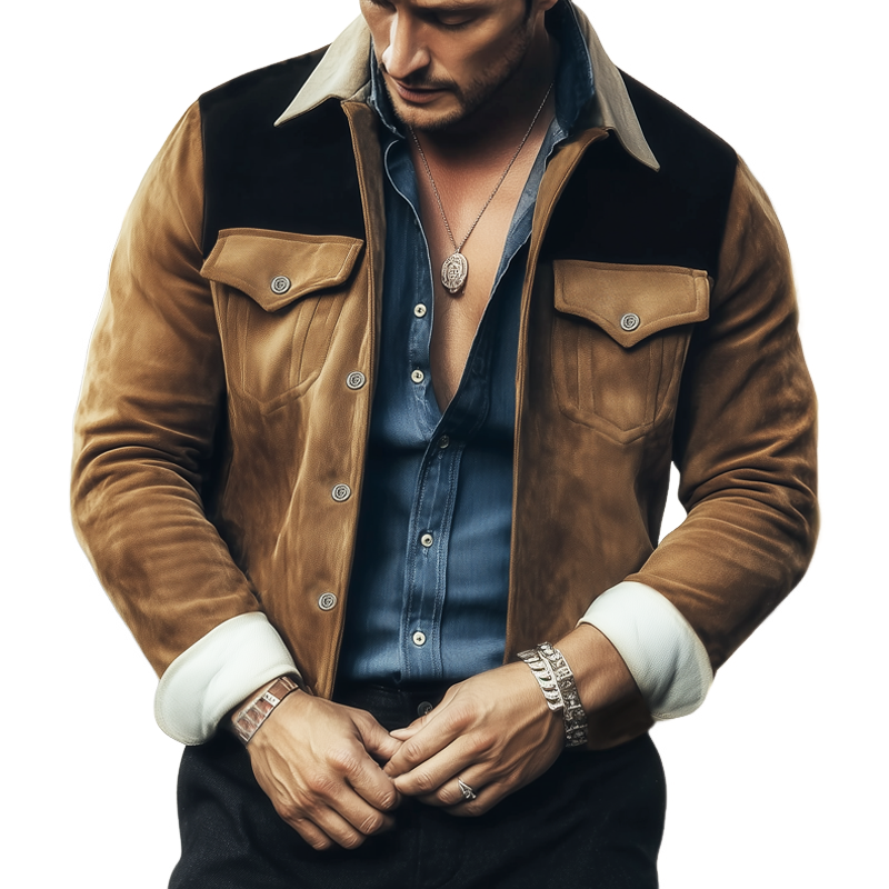 Veste Homme en Suède Marron – Veste Rétro à Blocs de Couleurs pour l'Automne et l'Hiver