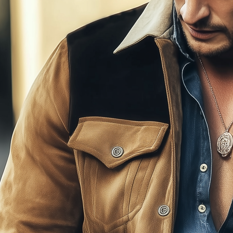 Veste Homme en Suède Marron – Veste Rétro à Blocs de Couleurs pour l'Automne et l'Hiver
