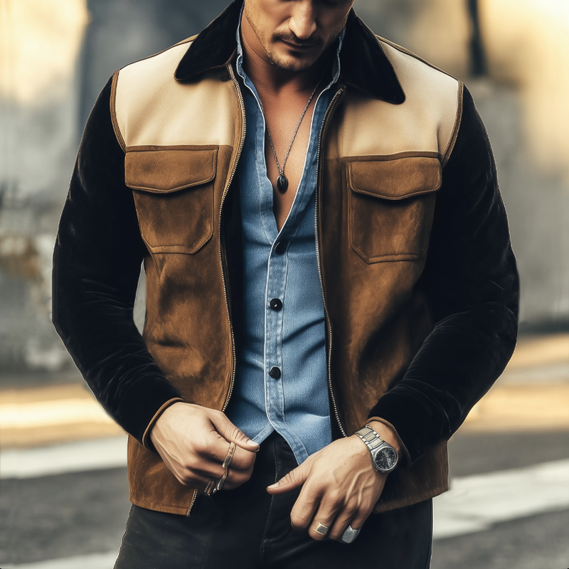 Veste Homme en Suède à Blocs de Couleurs Vintage avec Revers et Fermeture Éclair
