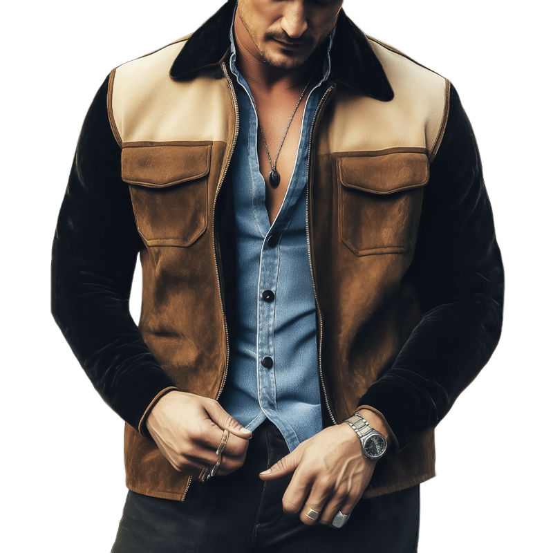 Veste Homme en Suède à Blocs de Couleurs Vintage avec Revers et Fermeture Éclair