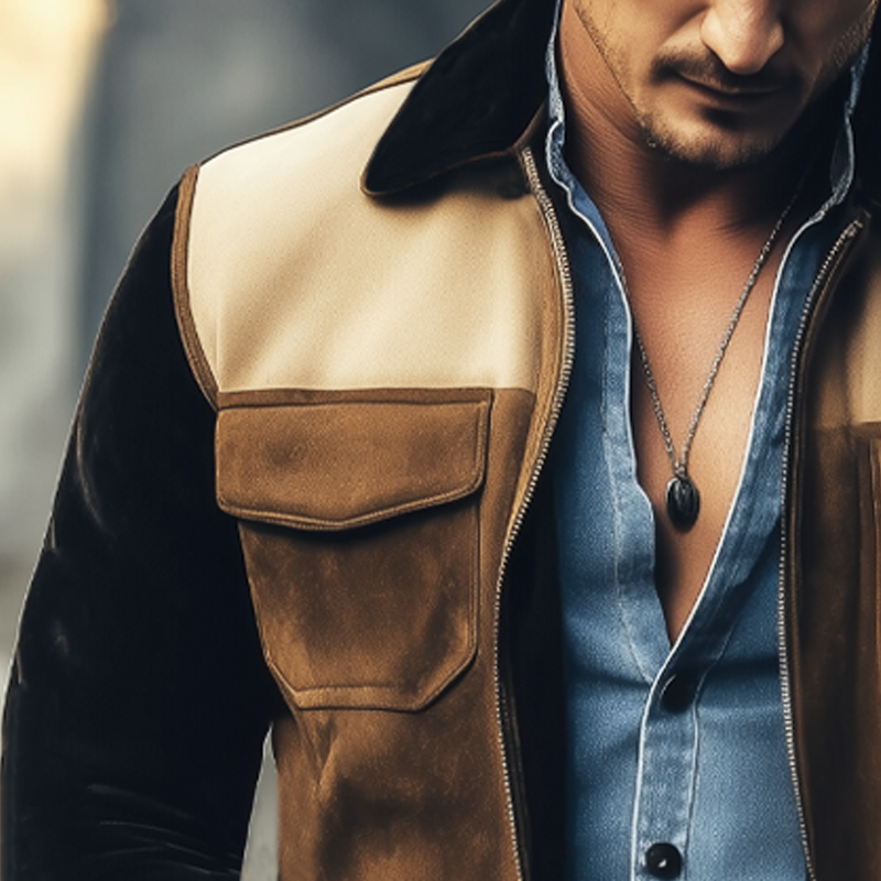 Veste Homme en Suède à Blocs de Couleurs Vintage avec Revers et Fermeture Éclair