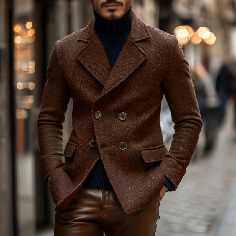 Manteau en laine brun luxe pour hommes – Veste slim fit à double boutonnage avec revers