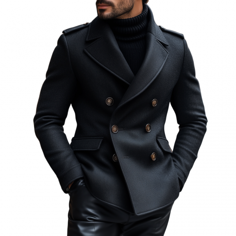 Manteau pour homme en mélange de laine élégant – Peacoat slim fit noir dans le style Quiet Luxury