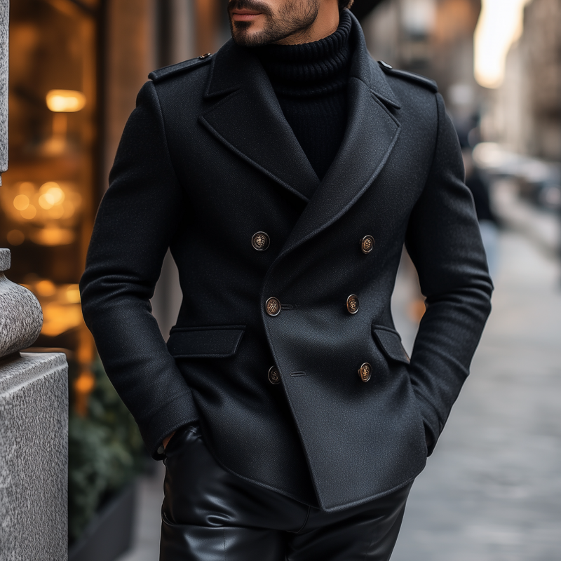 Manteau pour homme en mélange de laine élégant – Peacoat slim fit noir dans le style Quiet Luxury