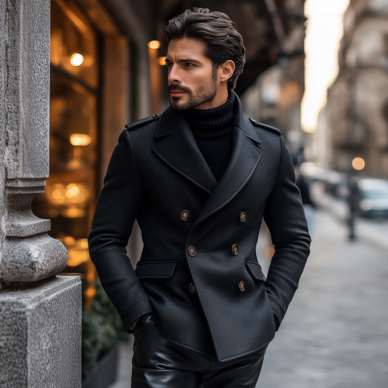 Manteau pour homme en mélange de laine élégant – Peacoat slim fit noir dans le style Quiet Luxury