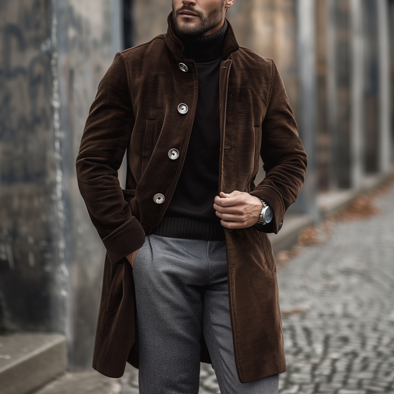 Manteau d'hiver slim fit en velours côtelé brun pour homme – Luxe