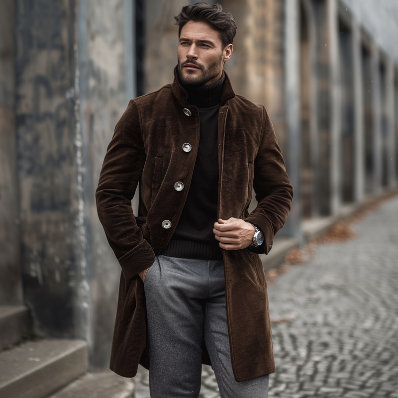 Manteau d'hiver slim fit en velours côtelé brun pour homme – Luxe