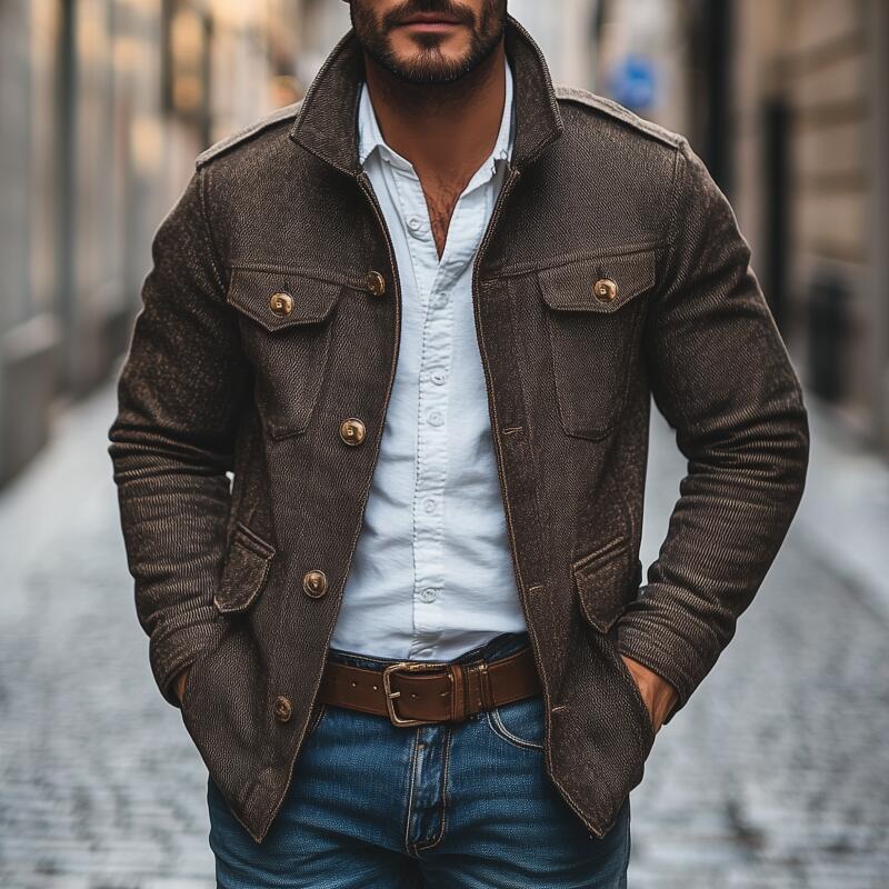 Veste en Coton Vintage pour Homme à Col, Simple Boutonnage et Multi-poches, Marron