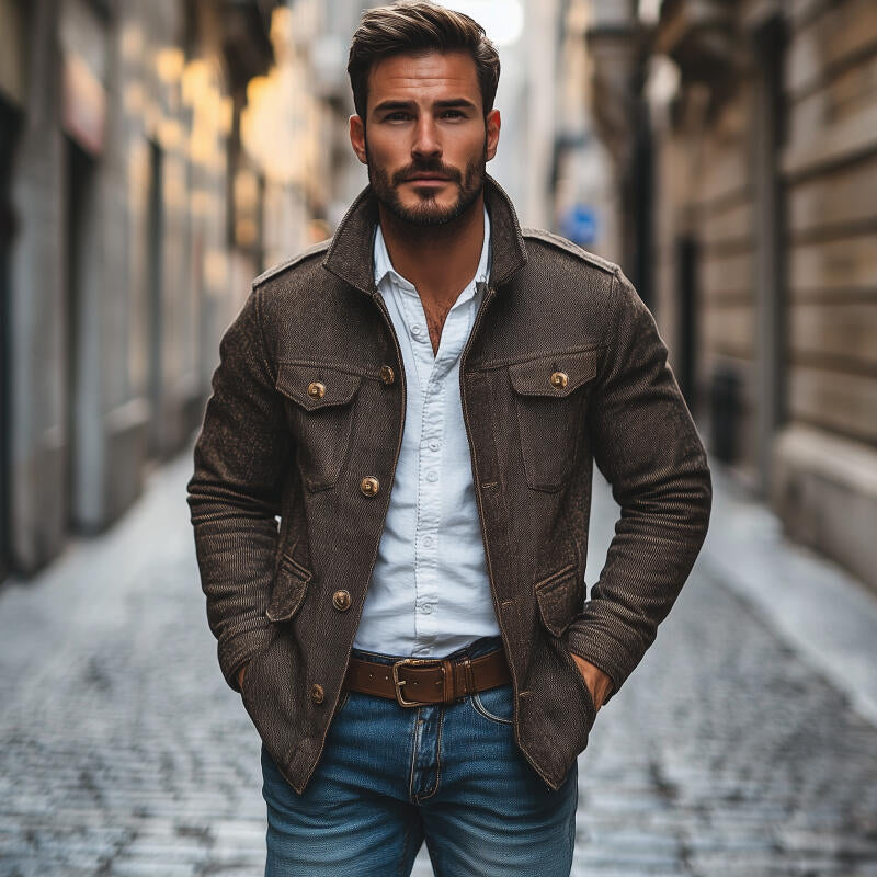 Veste en Coton Vintage pour Homme à Col, Simple Boutonnage et Multi-poches, Marron