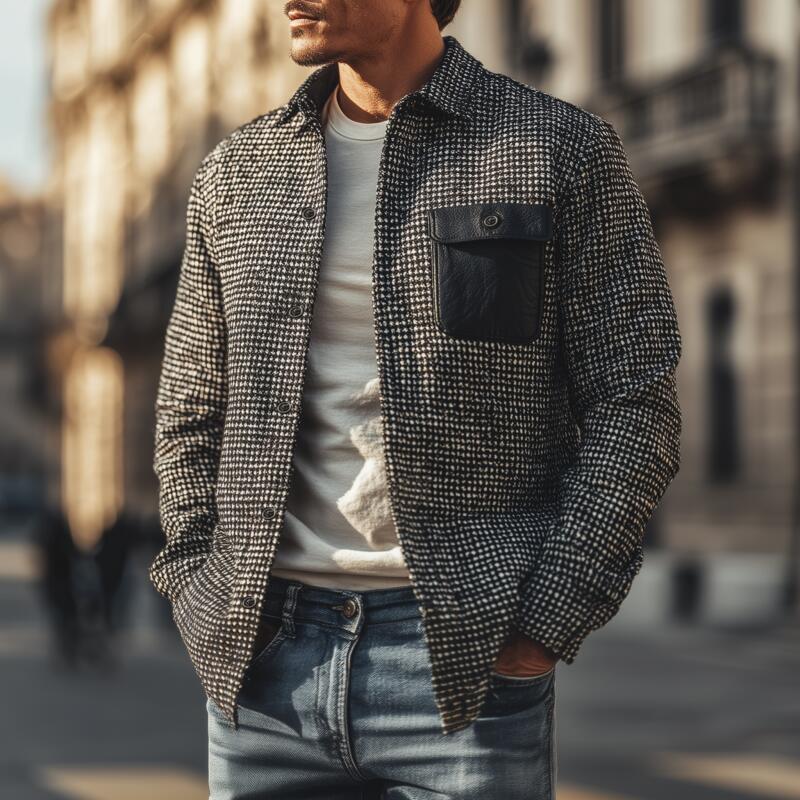 Veste d'hiver luxe pour hommes en pied-de-poule avec revers, noire - Style vintage