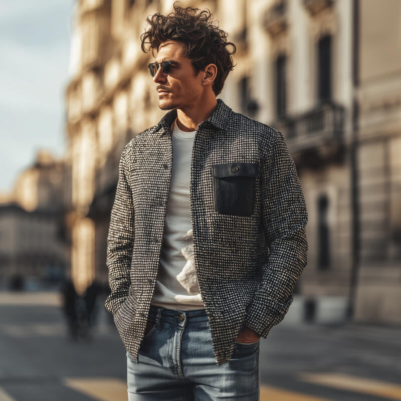 Veste d'hiver luxe pour hommes en pied-de-poule avec revers, noire - Style vintage