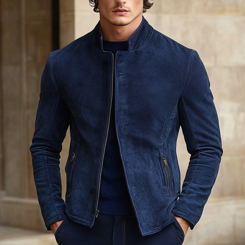 Veste Herenjack en Suède Marine – Veste Slim Fit Luxe avec Col Montant