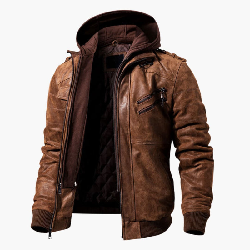 Vespasiano - Veste en Cuir Marron pour Hommes avec Capuche – Veste Biker Vintage avec Poches Zippées et Doublure Chaleureuse