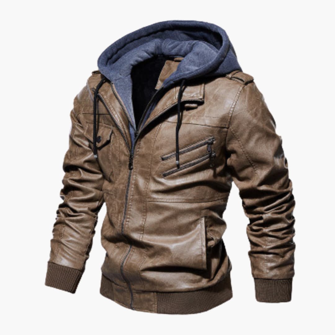 Vespasiano - Veste en Cuir Marron pour Hommes avec Capuche – Veste Biker Vintage avec Poches Zippées et Doublure Chaleureuse