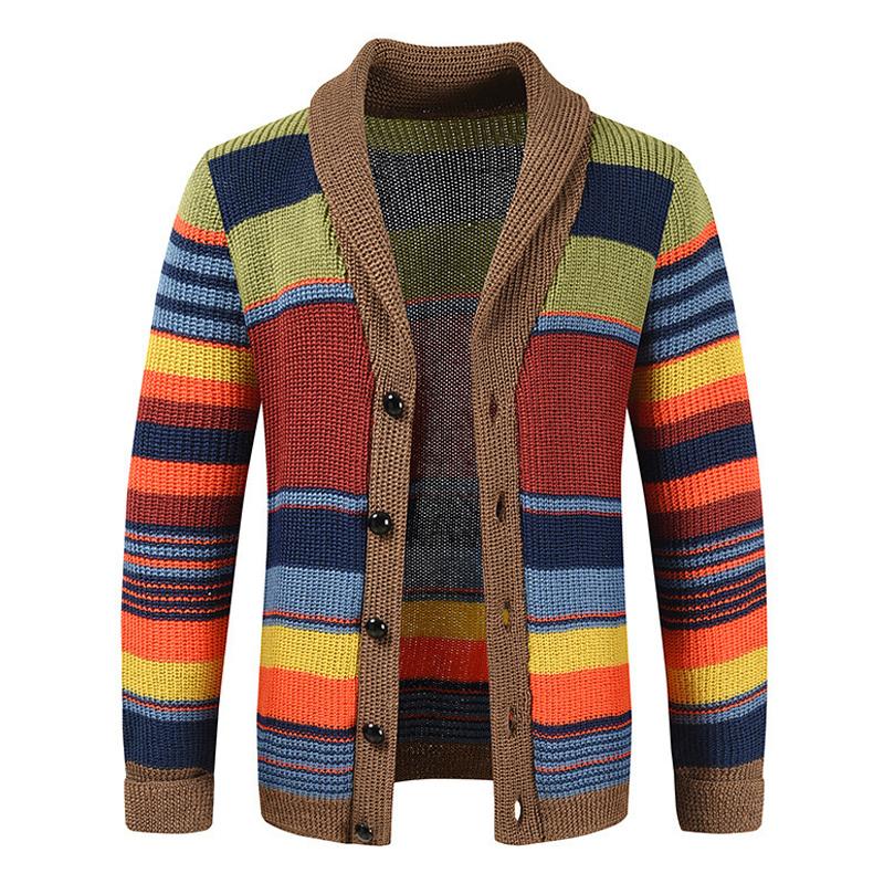 Gilet tricoté pour hommes avec rayures colorées – Cardigan décontracté chaud avec fermeture à boutons