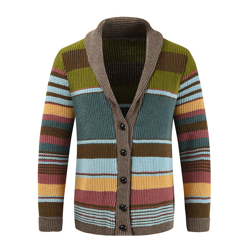 Gilet tricoté pour hommes avec rayures colorées – Cardigan décontracté chaud avec fermeture à boutons