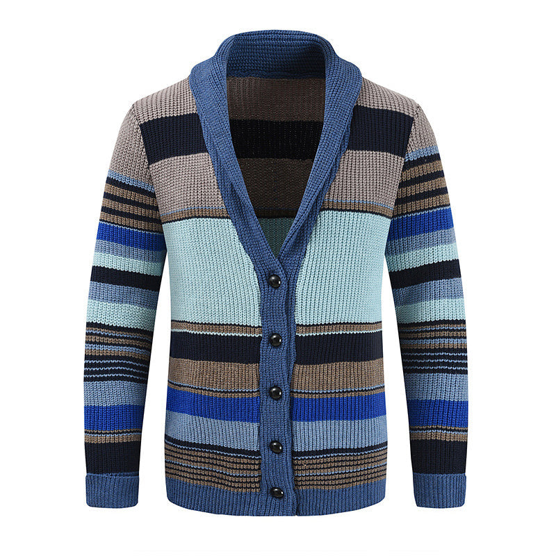 Gilet tricoté pour hommes avec rayures colorées – Cardigan décontracté chaud avec fermeture à boutons