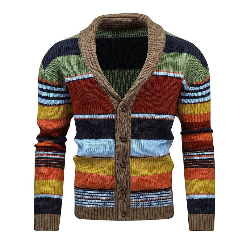 Gilet tricoté pour hommes avec rayures colorées – Cardigan décontracté chaud avec fermeture à boutons