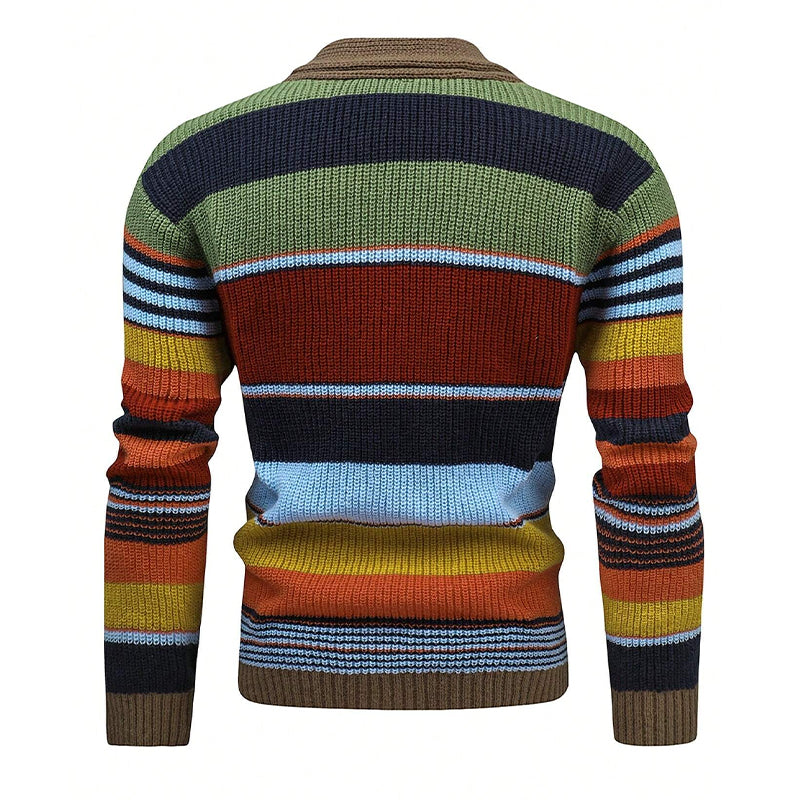 Gilet tricoté pour hommes avec rayures colorées – Cardigan décontracté chaud avec fermeture à boutons