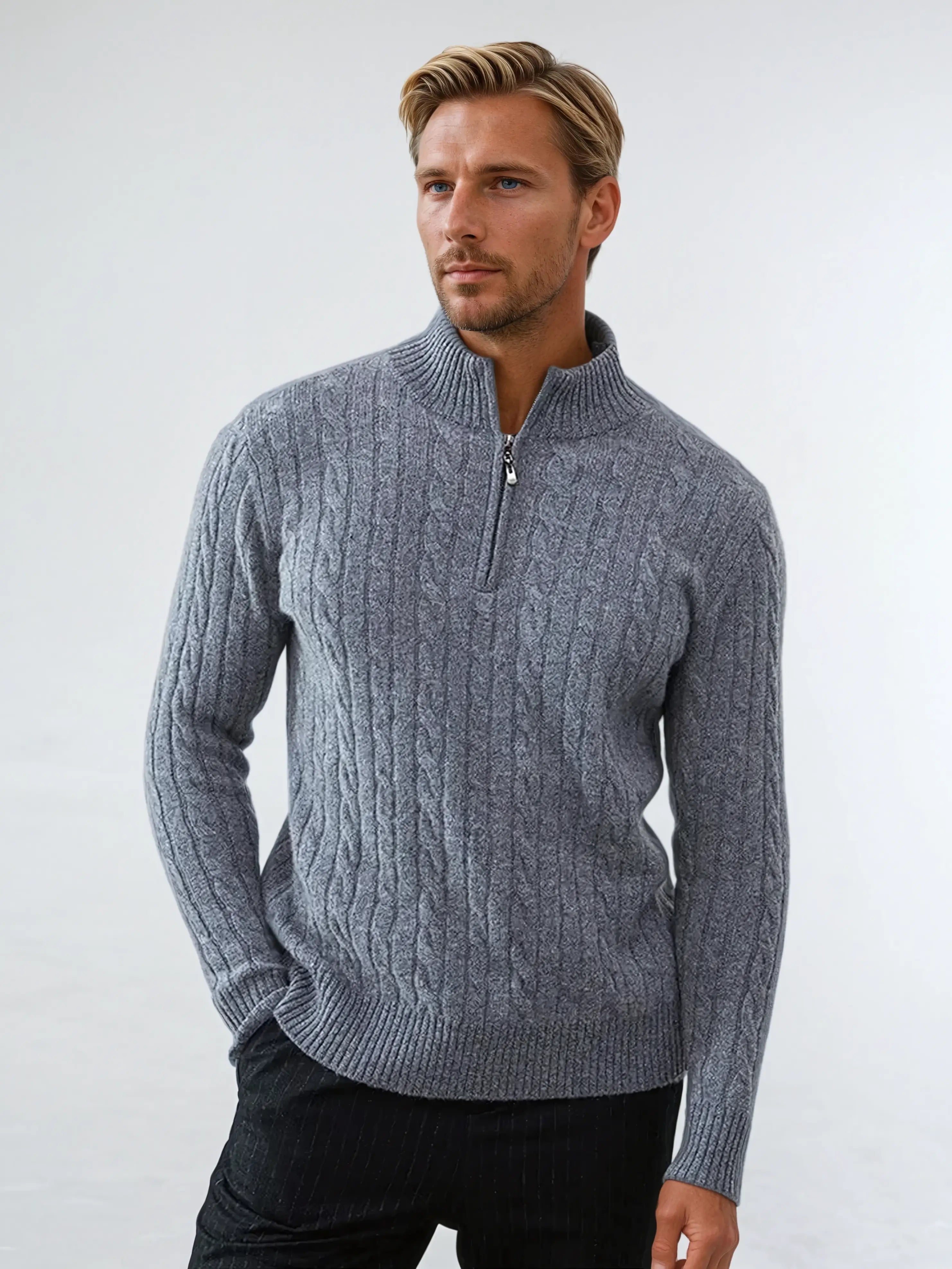 Pull à Fermeture Éclair en Laine Gris Clair pour Homme