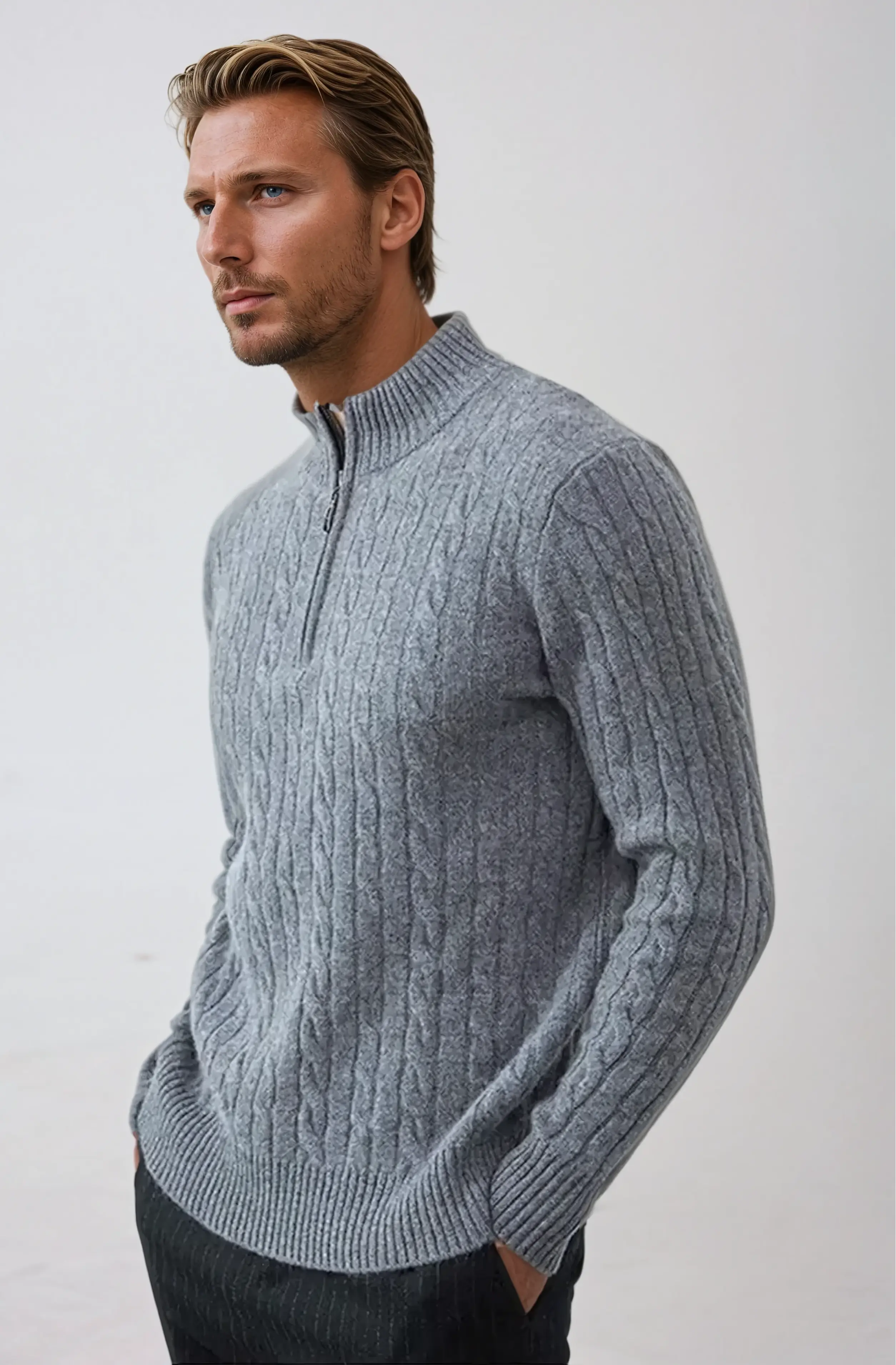 Pull à Fermeture Éclair en Laine Gris Clair pour Homme