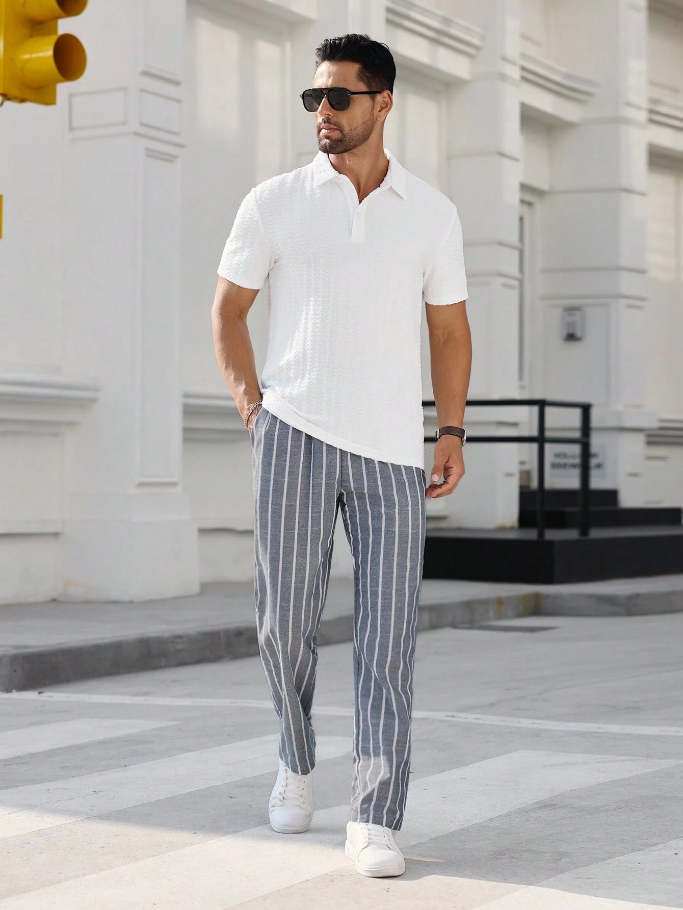 Pantalon à rayures taille mi-haute Old Money