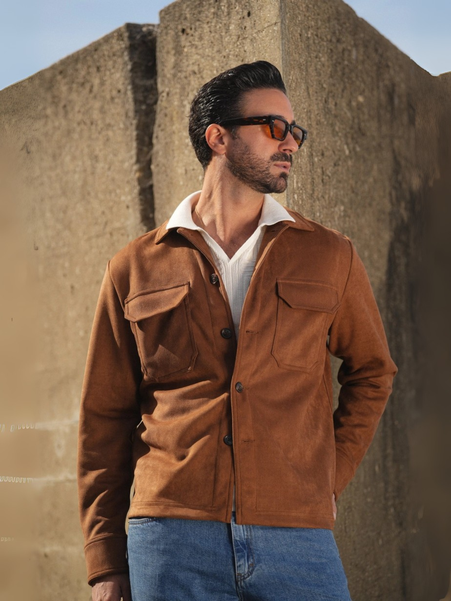 Veste Homme en Suède Camel – Chemise Overshirt Slim Fit de Luxe avec Détails de Poches