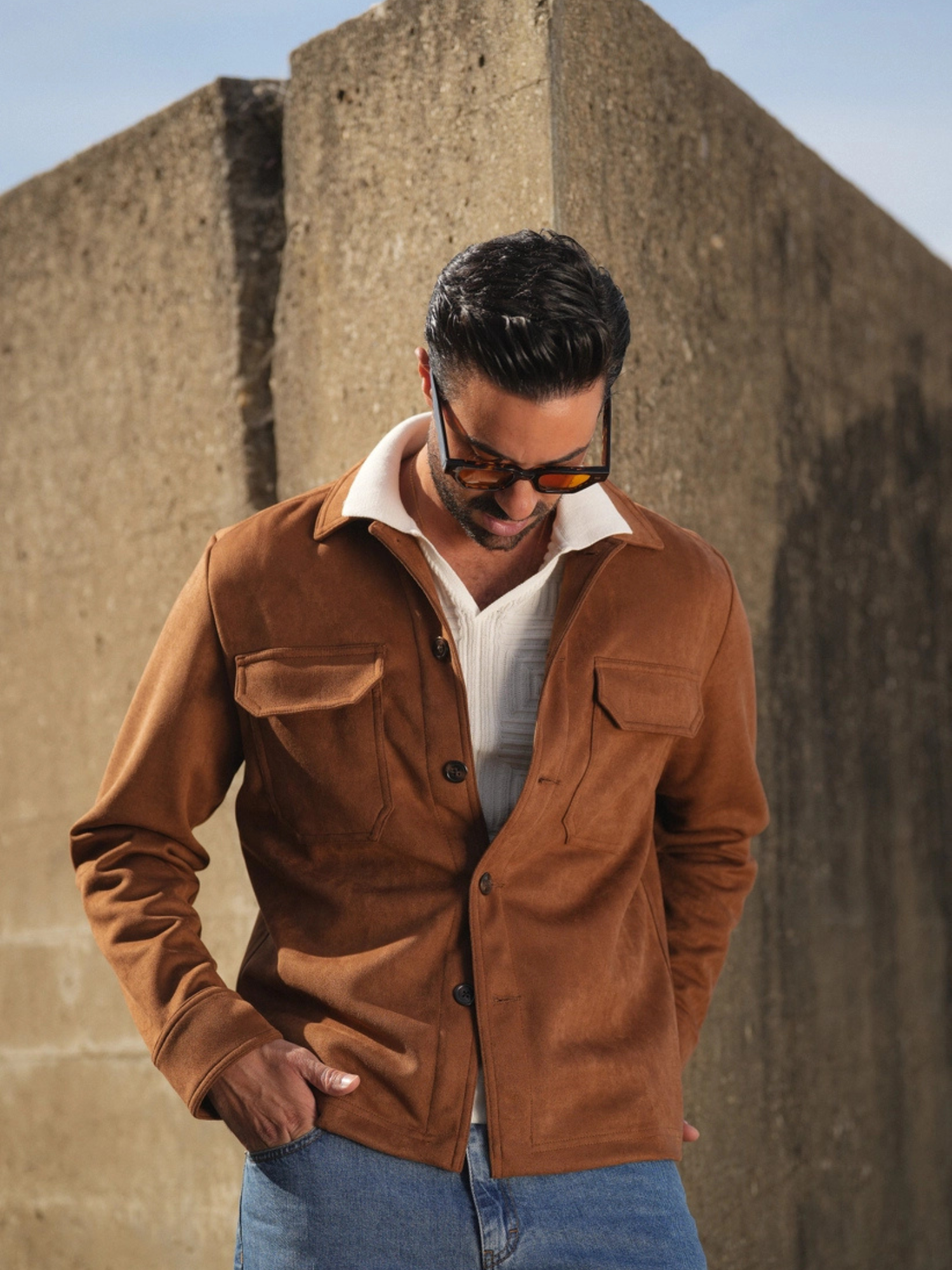 Veste Homme en Suède Camel – Chemise Overshirt Slim Fit de Luxe avec Détails de Poches