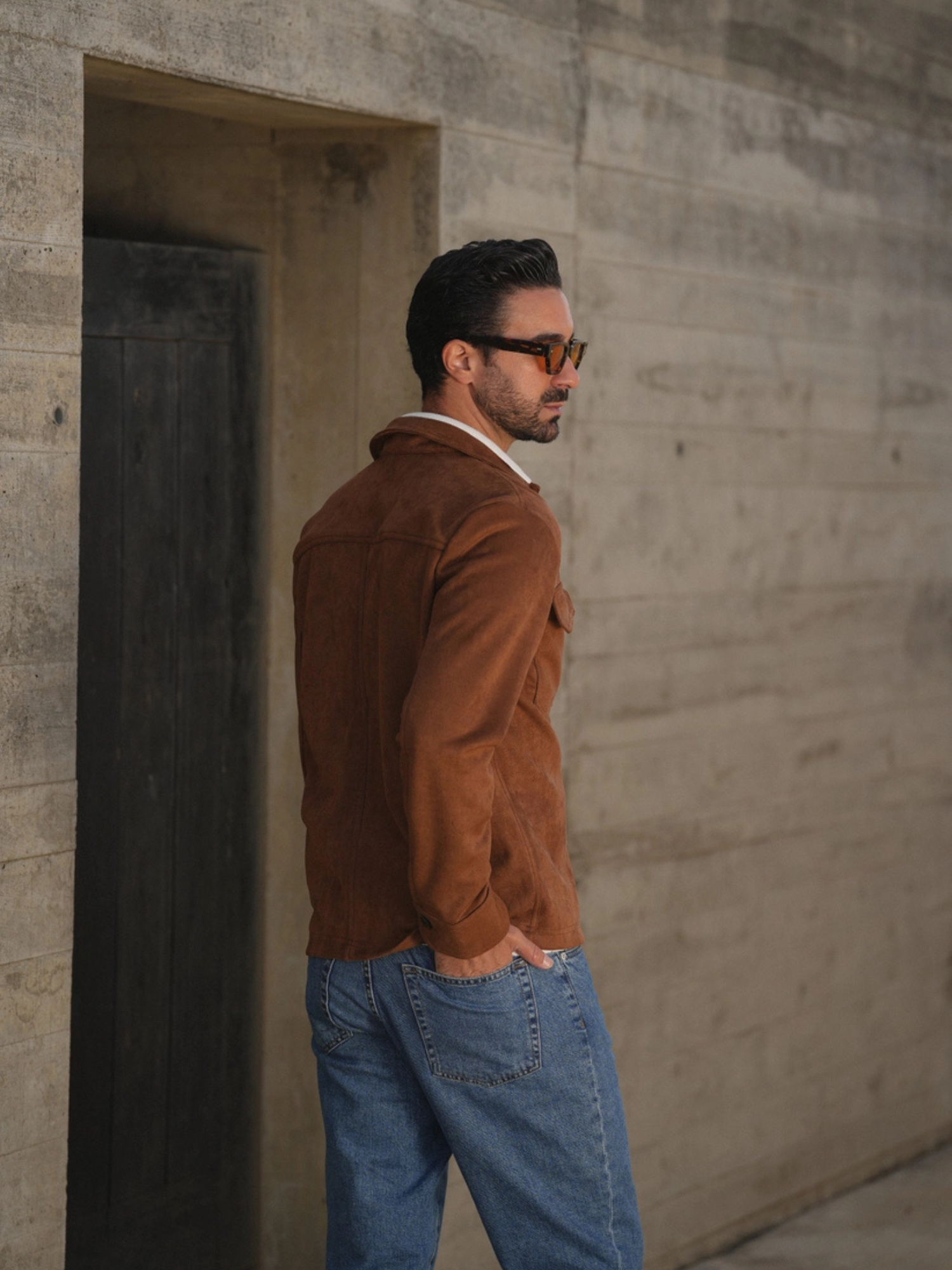 Veste Homme en Suède Camel – Chemise Overshirt Slim Fit de Luxe avec Détails de Poches