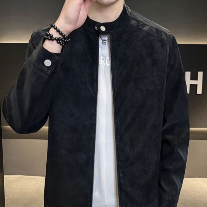 Veste en cuir suédé élégante décontractée - Noir/Marron pour hommes