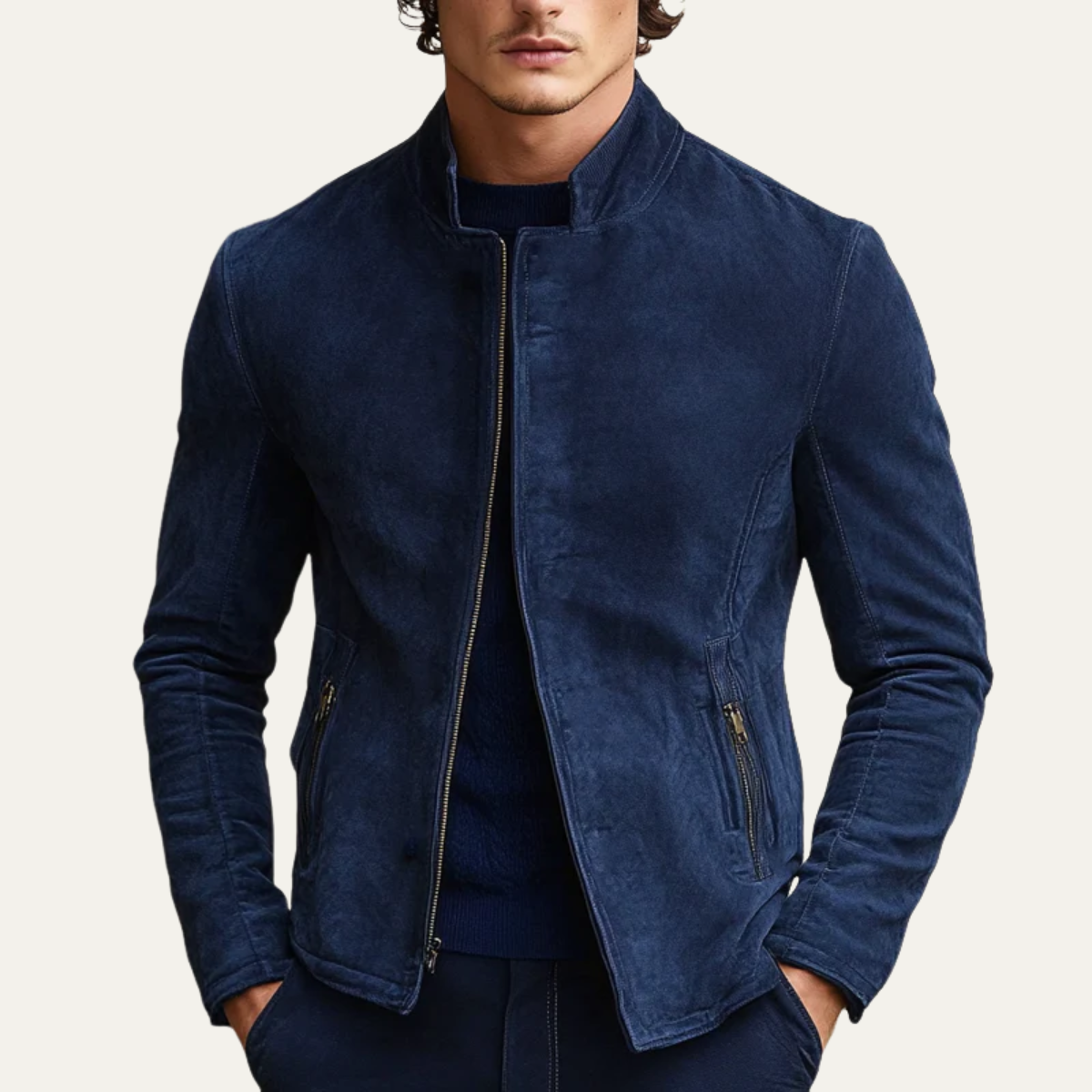 Manteau Homme en Daim – Bleu Navy – Bomber Slim Fit de Luxe avec Col Montant