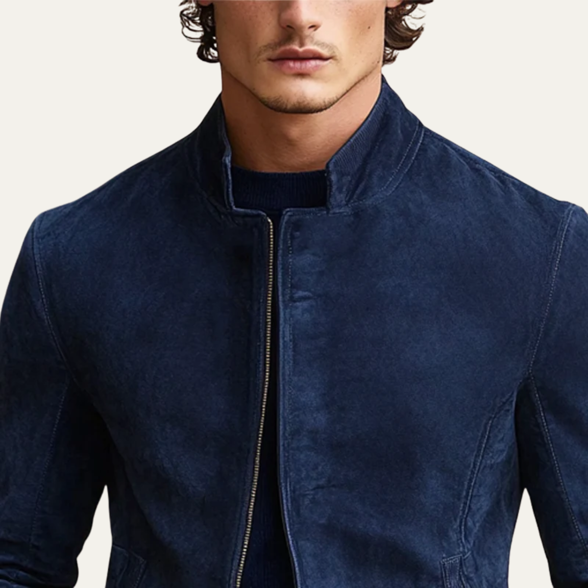 Manteau Homme en Daim – Bleu Navy – Bomber Slim Fit de Luxe avec Col Montant