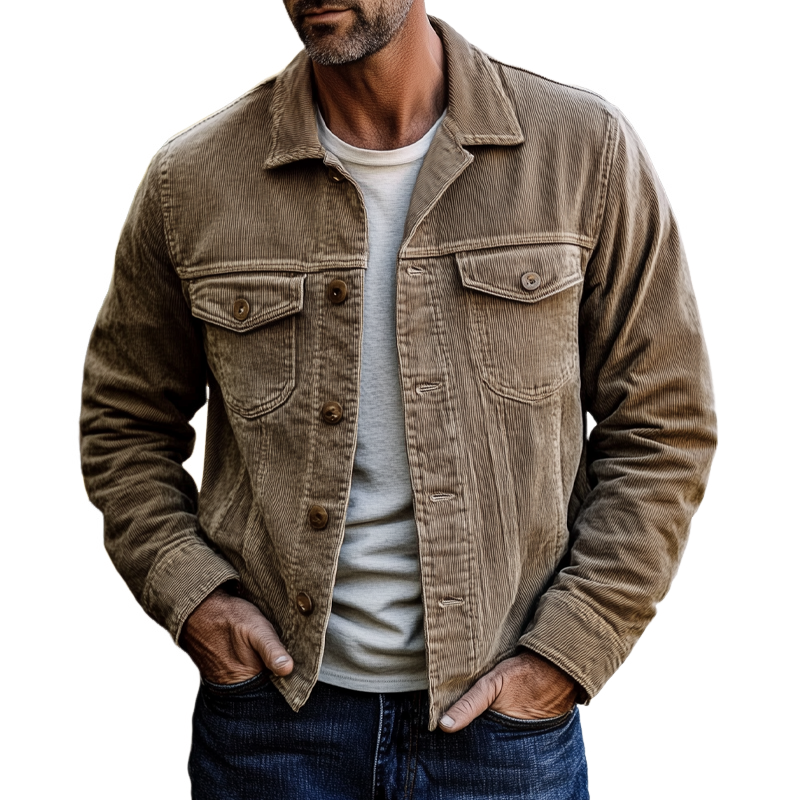 Veste en Côtelé Vintage pour Homme | Fermeture à Un Bouton & Revers – Beige Quiet Luxury