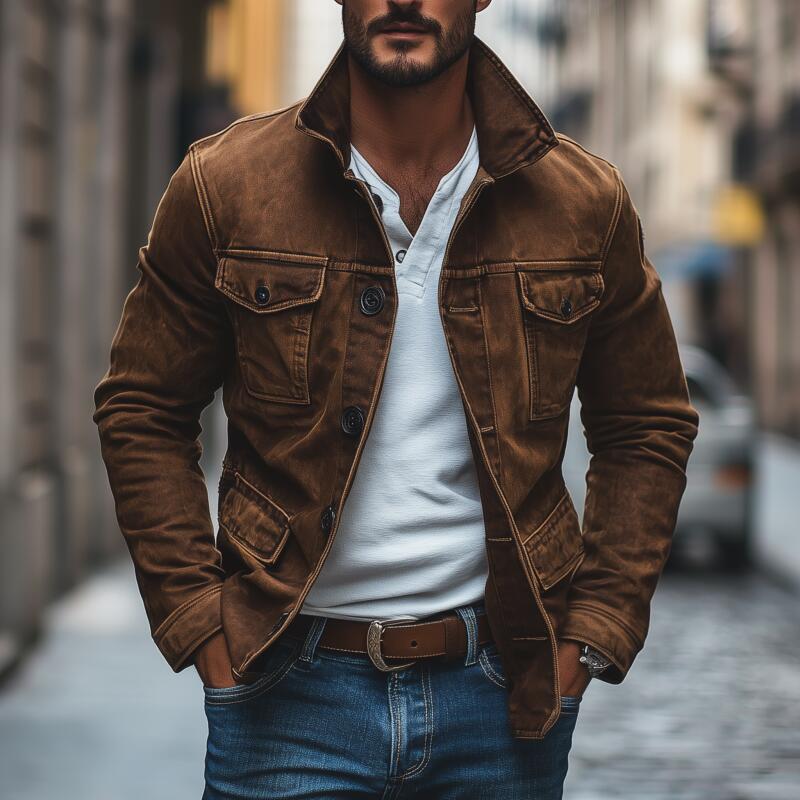 Veste en denim vintage lavée marron pour homme avec poches multiples