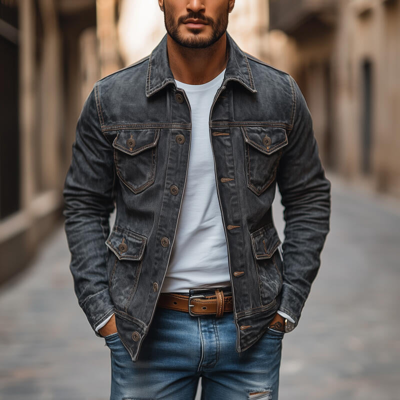 Veste en Denim Vintage Lavée pour Homme - Veste en Denim Durable Grise