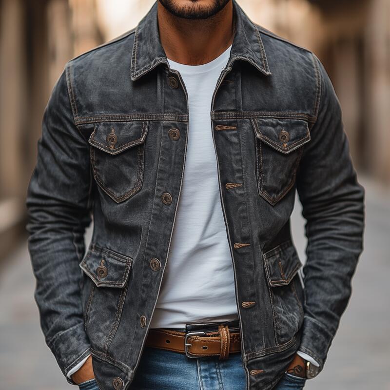 Veste en Denim Vintage Lavée pour Homme - Veste en Denim Durable Grise
