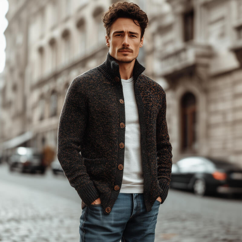 Veste tricotée vintage chic pour hommes avec col montant et boutons – Style Old Money