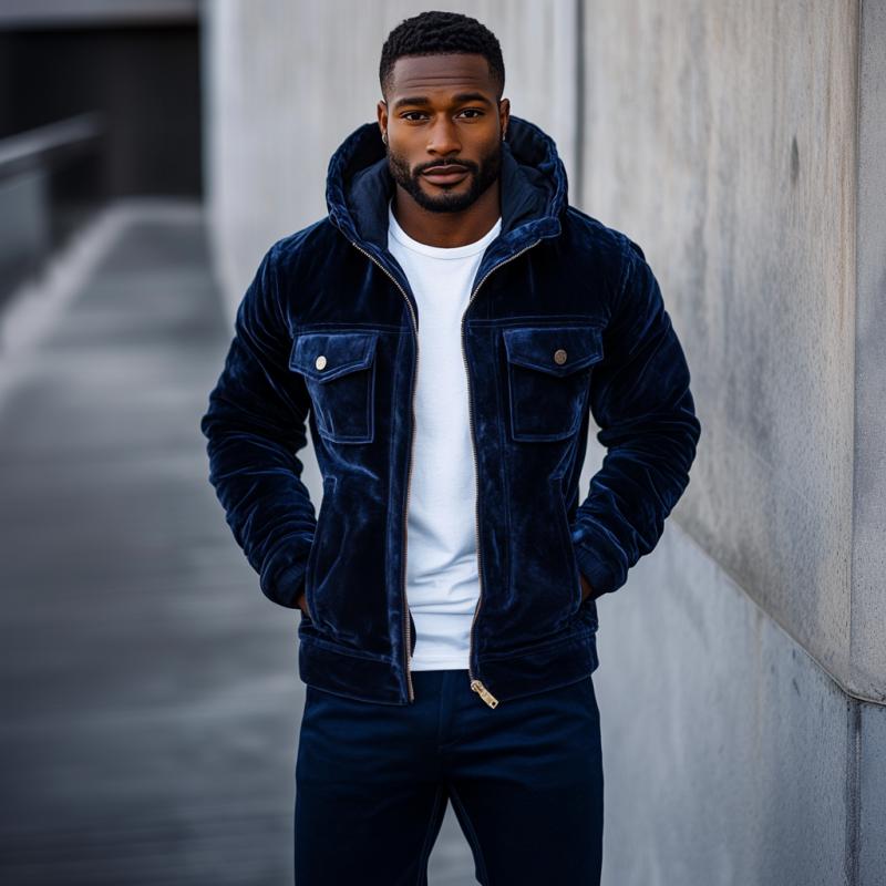 Veste en velours bleu foncé – Veste streetwear de luxe discrète pour homme