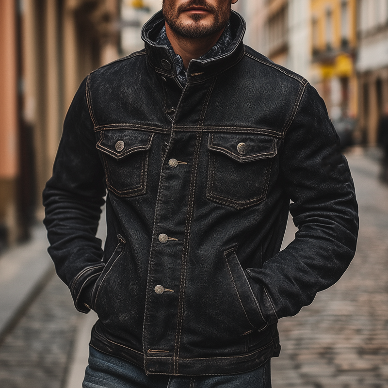 Veste en jean vintage lavée à poches multiples pour hommes
