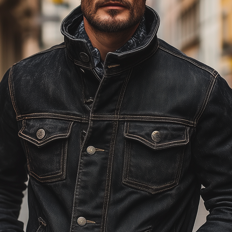 Veste en jean vintage lavée à poches multiples pour hommes