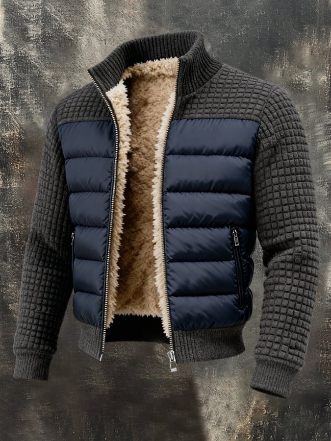 Herren Retro Warme Patchwork Waffel Outdoor Jacke Baumwollmantel