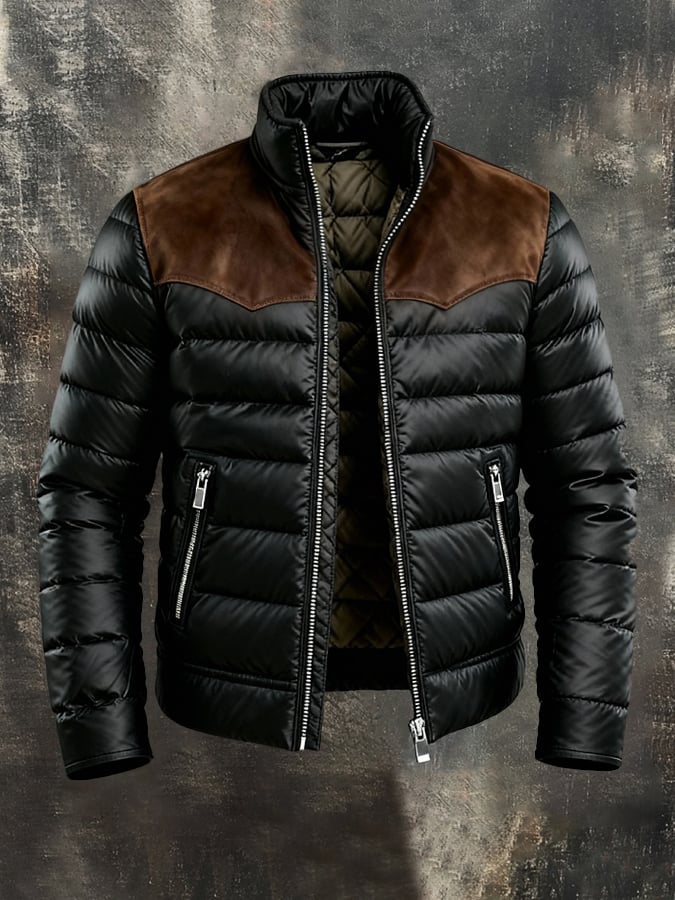 Herren-Retro-Outdoorjacke aus warmem Wildleder-Patchwork mit Baumwollwattierung