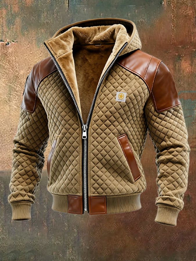 Herren-Outdoorjacke aus Leder im Vintage-Diamant-Karomuster
